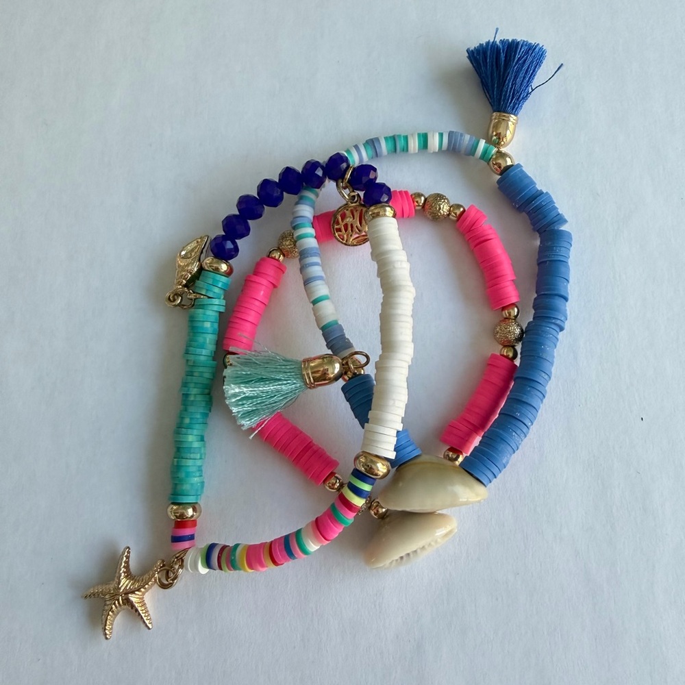 Lilly Pulitzer clay bead with shells and tassels 3 bracelet set